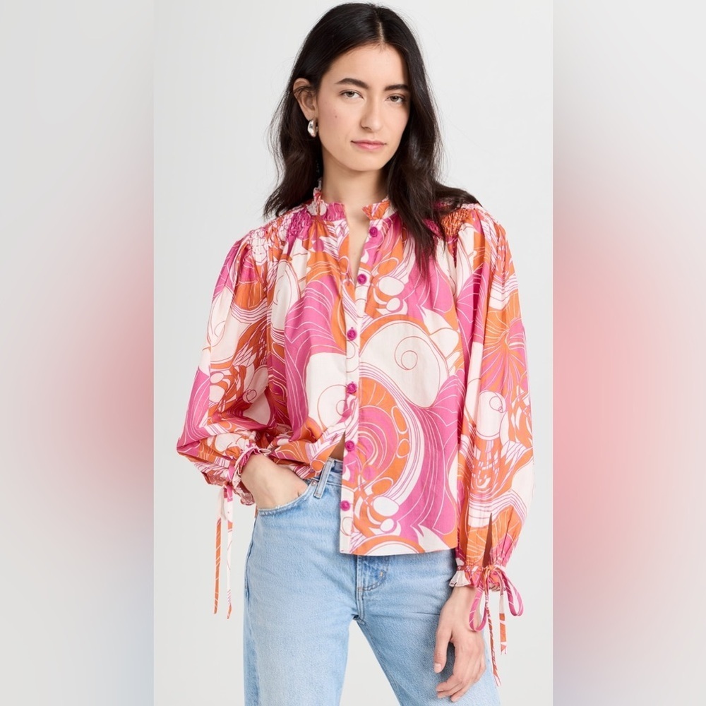 NWT RHODE Louisa Top Pink Button Blouse Tie Sleeves‎